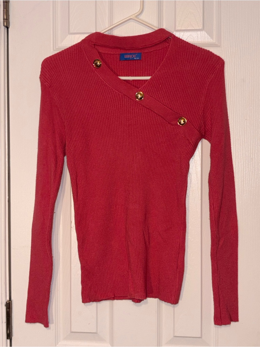 Red Ribbed Asymmetric Button Sweater